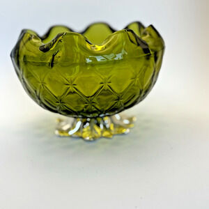 Vintage Green Indiana Glass‎ Bowl Mesh Quilted Diamond Pineapple Metal Base